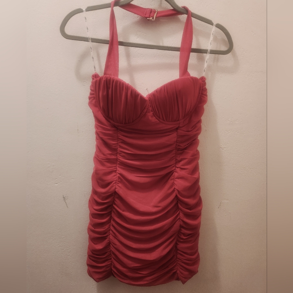 Club L London | Breakthough Raspberry Ruched Halterneck Mini Dress - Picture 2 of 9